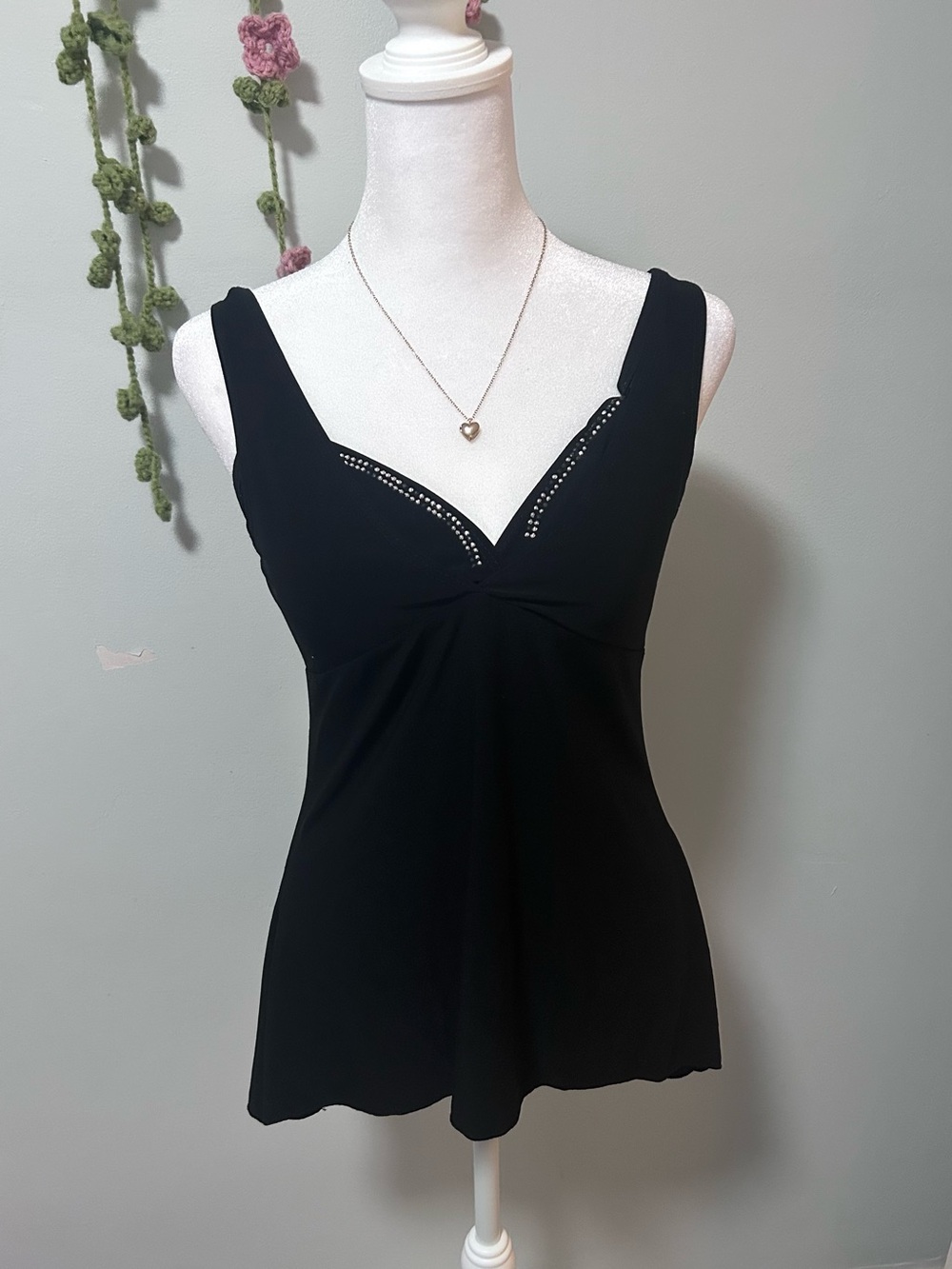 American City Wear Black V-Neck Tank Top with Stud Accents